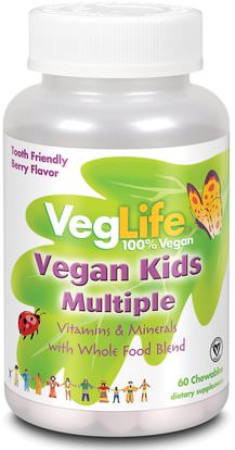 VegLife, Vegan Kids Multiple, Berry Flavor, 60 Chewables ,الفيتامينات، الفيتامينات المتعددة، الأطفال الفيتامينات