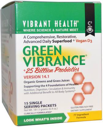 Vibrant Health, Green Vibrance +25 Billion Probiotics, Version 14.1, 15 Packets, 6.4 oz (181.5 g) ,المكملات الغذائية، الحزم خدمة واحدة، سوبرفوودس، الخضر، الأخضر فيبرانس