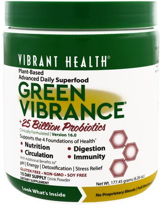 Vibrant Health, Green Vibrance +25 Billion Probiotics, Version 16.0, 6.26 oz (177.45 g) ,المكملات الغذائية، سوبرفوودس، الخضر، الأخضر العطر