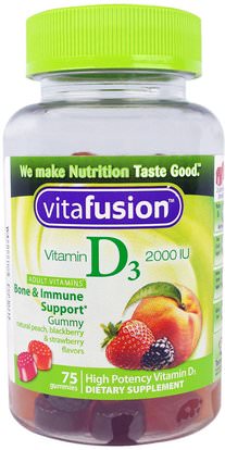 VitaFusion, Vitamin D3, Natural Peach, Blackberry & Strawberry Flavors, 2000 IU, 75 Gummies ,الفيتامينات، فيتامين d3، غوميز