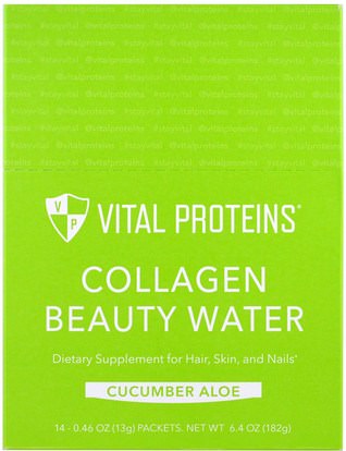 Vital Proteins, Collagen Beauty Water, Cucumber Aloe, 14 Packets, 0.46 oz (13 g) ,الصحة، العظام، هشاشة العظام، الكولاجين، النساء، مكملات الشعر، مكملات الأظافر، ملاحق الجلد