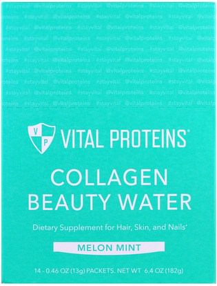 Vital Proteins, Collagen Beauty Water, Melon Mint, 14 Packets, 0.46 oz (13 g) Each ,الصحة، العظام، هشاشة العظام، الكولاجين، النساء، مكملات الشعر، مكملات الأظافر، ملاحق الجلد