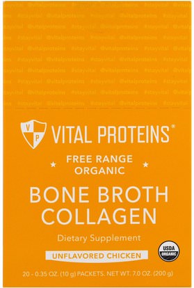 Vital Proteins, Free Range Organic, Bone Broth Collagen, Unflavored Chicken, 20 Packets, 0.35 oz (10 g) Each ,الصحة، العظام، هشاشة العظام، الكولاجين