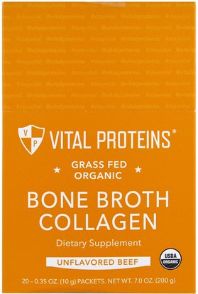 Vital Proteins, Grass Fed Organic, Bone Broth Collagen, Unflavored Beef, 20 Packets, 0.35 oz (10 g) Each ,الصحة، العظام، هشاشة العظام، الكولاجين