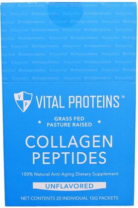 Vital Proteins, Grass Fed Pasture Raised, Collagen Peptides, Unflavored, 20 Individual Packets (10 g) ,الصحة، العظام، هشاشة العظام، الكولاجين