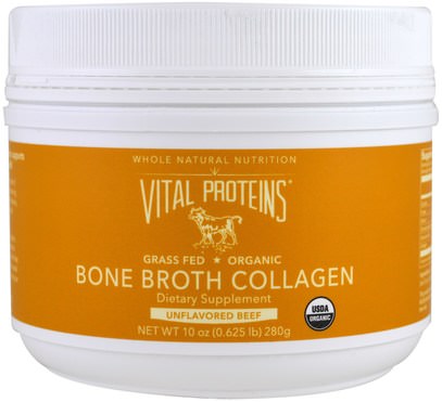 Vital Proteins, Organic, Bone Broth Collagen, Unflavored Beef, 10 oz (280 g) ,الصحة، العظام، هشاشة العظام، الكولاجين