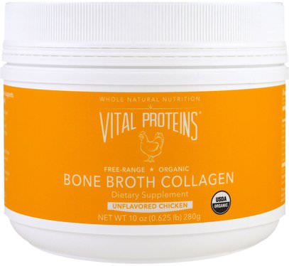 Vital Proteins, Organic, Bone Broth Collagen, Unflavored Chicken, 10 oz (280 g) ,الصحة، العظام، هشاشة العظام، الكولاجين، النساء، مكملات الشعر، مكملات الأظافر، ملاحق الجلد