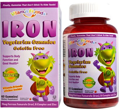Vitamin Friends, Iron Vegetarian Gummies, Strawberry, 15 mg, 60 Pectin Gummies ,والمكملات الغذائية والمعادن والحديد وصحة الأطفال والمكملات الأطفال