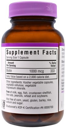 الفيتامينات، البيوتين Bluebonnet Nutrition, Biotin, 1,000 mcg, 90 Veggie Caps