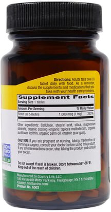 الفيتامينات، البيوتين Country Life, Biotin, 1 mg, 100 Tablets