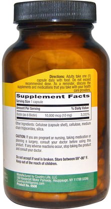 الفيتامينات، البيوتين Country Life, Biotin, High Potency, 10 mg, 120 Vegan Caps