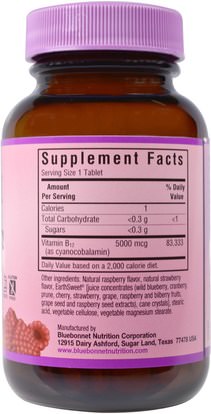 الفيتامينات Bluebonnet Nutrition, EarthSweet, Vitamin B-12, 5000 mcg, Natural Raspberry Flavor, 60 Chewable Tablets
