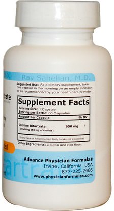 الفيتامينات، الكولين Advance Physician Formulas, Inc., Choline Bitartrate, 650 mg, 60 Capsules