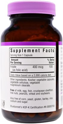 الفيتامينات، حمض الفوليك Bluebonnet Nutrition, Folic Acid, 400 mcg, 180 Veggie Caps