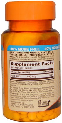 الفيتامينات، حمض الفوليك Sundown Naturals, Folic Acid, 400 mcg, 350 Tablets