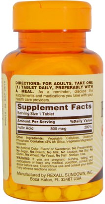 الفيتامينات، حمض الفوليك Sundown Naturals, Folic Acid, 800 mcg, 100 Tablets