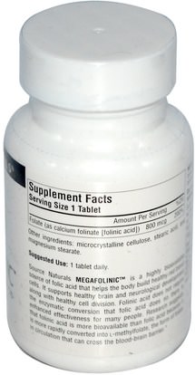 الفيتامينات، حمض الفوليك، فيتامين ب، حمض الفولينيك Source Naturals, MegaFolinic, 800 mcg, 120 Tablets