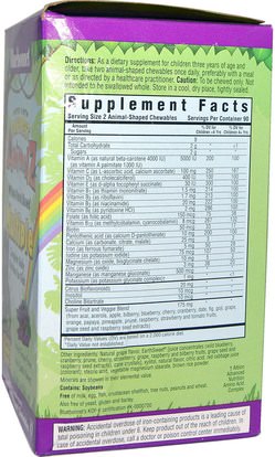 الفيتامينات، الفيتامينات المتعددة، الأطفال الفيتامينات Bluebonnet Nutrition, Rainforest Animalz, Whole Food Based Multiple, Natural Grape Flavor, 180 Chewables