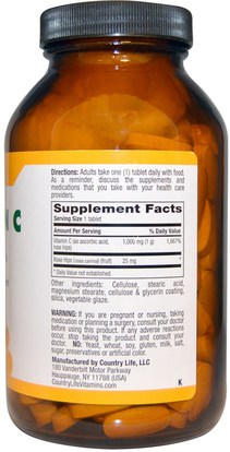 الفيتامينات، الوركين الوردية Country Life, Vitamin C, with Rose Hips, 1000 mg, 250 Tablets