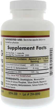 الفيتامينات، المكملات الغذائية، المعادن Kirkman Labs, DMG, With Folinic Acid & Methyl B-12, 125 mg, 200 Capsules