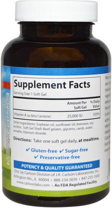 الفيتامينات، فيتامين (أ)، بيتا كاروتين Carlson Labs, Super Beta Carotene, 25,000 IU (15 mg), 250 Soft Gels