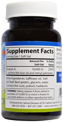 الفيتامينات، فيتامين أ Carlson Labs, Vitamin A, 10,000 IU, 250 Soft Gels