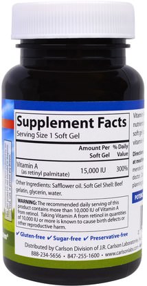 الفيتامينات، فيتامين أ Carlson Labs, Vitamin A, 15,000 IU, 240 Soft Gels