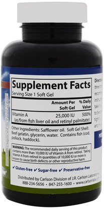 الفيتامينات، فيتامين أ Carlson Labs, Vitamin A, 25,000 IU, 250 Soft Gels