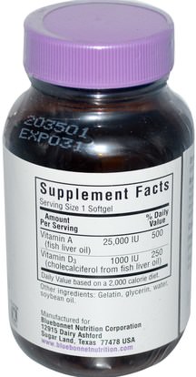 الفيتامينات، فيتامين أ & د Bluebonnet Nutrition, Vitamin A & D3, 100 Softgels