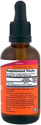 الفيتامينات، فيتامين أ & د Now Foods, Liquid Vitamin D-3, 2 fl oz (60 ml)