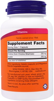 الفيتامينات، فيتامين ب، الكولين و إينوزيتول Now Foods, Choline & Inositol, 500 mg, 100 Capsules