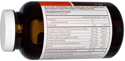 الفيتامينات، فيتامين ب المعقدة Carlson Labs, B 50 Gel, Vitamin B Complex, 200 Soft Gels