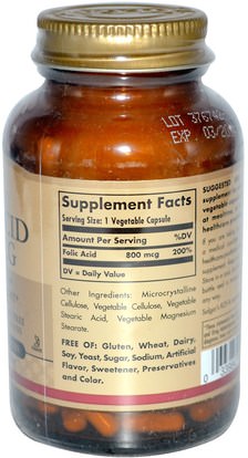 الفيتامينات، فيتامين ب المعقدة Solgar, Folic Acid, 800 mcg, 250 Vegetable Capsules
