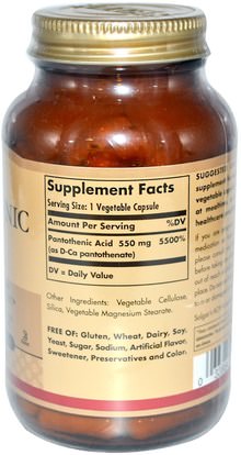 الفيتامينات، فيتامين ب المعقدة Solgar, Pantothenic Acid, 550 mg, 100 Vegetable Capsules