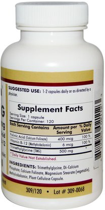 الفيتامينات، فيتامين ب، حمض الفولينيك، والمكملات الغذائية، تمغ (البيتين اللامائي) Kirkman Labs, TMG, With Folinic Acid & Methyl B-12, 500 mg, 120 Capsules