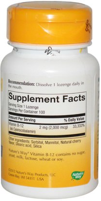 الفيتامينات، فيتامين ب Natures Way, Vitamin B-12, Natural Cherry Flavor, 2,000 mcg, 100 Lozenges