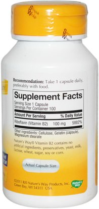 الفيتامينات، فيتامين ب Natures Way, Vitamin B2, 100 mg, 100 Capsules