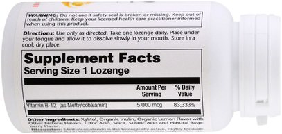 الفيتامينات، فيتامين ب Solaray, Methyl B-12, Raspberry-Lemon Flavor, 5000 mcg, 60 Lozenges