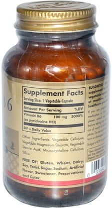 الفيتامينات، فيتامين ب Solgar, Vitamin B6, 100 mg, 250 Vegetable Capsules