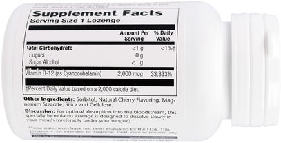 الفيتامينات، فيتامين ب، فيتامين ب 12 Solaray, Vitamin B-12, Natural Cherry Flavor, Sugar Free, 2000 mcg, 90 Sublingual Lozenges