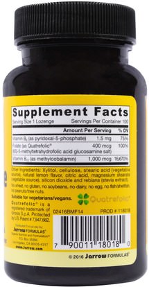 الفيتامينات، وفيتامين ب، وفيتامين ب 12، وفيتامين ب 12 - ميثيلكوبالامين Jarrow Formulas, Methyl B-12 & Methyl Folate, 1,000 mcg / 400 mcg, Lemon Flavor, 100 Lozenges