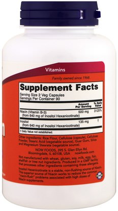 الفيتامينات، فيتامين ب، فيتامين b3، فيتامين b3 - النياسين دافق مجانا Now Foods, Flush-Free Niacin, 250 mg, 180 Veg Capsules