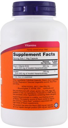 الفيتامينات، فيتامين ب، فيتامين b3، فيتامين b3 - النياسين دافق مجانا Now Foods, Flush-Free Niacin, Double Strength, 500 mg, 180 Veg Capsules