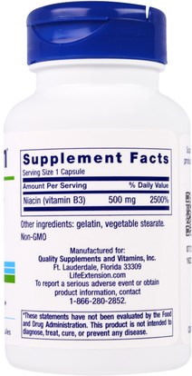 الفيتامينات، فيتامين ب، فيتامين b3، فيتامين b3 - النياسين Life Extension, Vitamin B3 Niacin, 500 mg, 100 Capsules