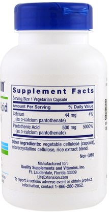 الفيتامينات، فيتامين ب، فيتامين b5 - حمض البانتوثنيك Life Extension, Pantothenic Acid, (Vitamin B-5), 500 mg, 100 Veggie Caps