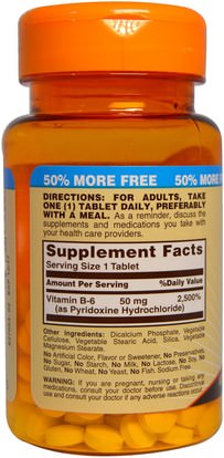 الفيتامينات، فيتامين ب، فيتامين b6 - البيريدوكسين Sundown Naturals, B6, High Potency, 50 mg, 150 Tablets