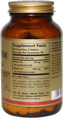 الفيتامينات، فيتامين ب، فيتامين b6 - البيريدوكسين، المكملات الغذائية، المعادن Solgar, Magnesium, with Vitamin B6, 250 Tablets