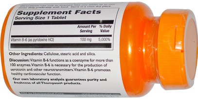 الفيتامينات، فيتامين ب، فيتامين b6 - البيريدوكسين Thompson, B6, 100 mg, 60 Tablets