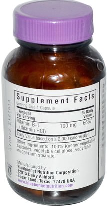 الفيتامينات، فيتامين b1 - الثيامين Bluebonnet Nutrition, Vitamin B-1, 100 mg, 100 Vcaps