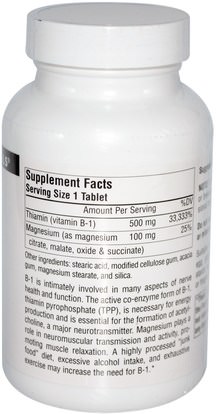 الفيتامينات، فيتامين b1 - الثيامين Source Naturals, B-1, High Potency, 500 mg, 100 Tablets